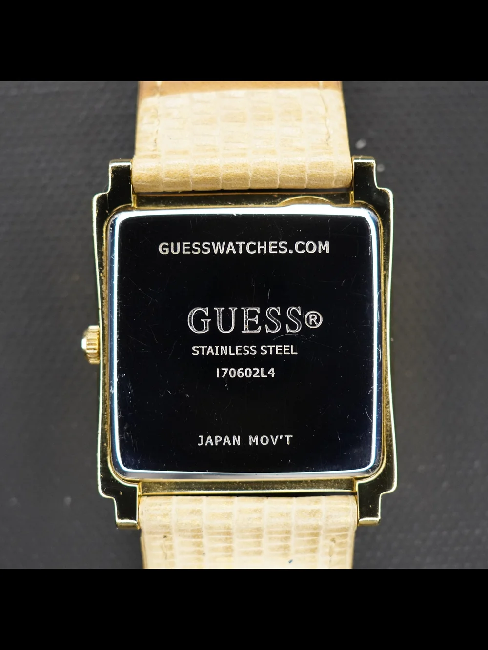 GUESS Women’s Gold-Tone Square Rhinestone Bezel Roman Numeral Quartz Beige Strap